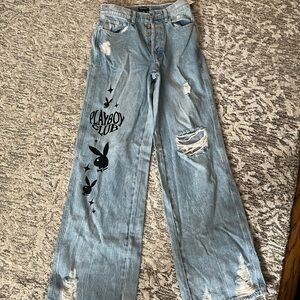 PLAYBOY Light Blue Wide Leg Jeans with Distressed Details